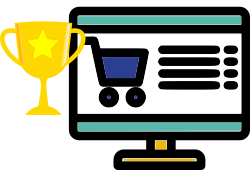 Icona di un monitor con un carrello e una coppa da primo premio gialla