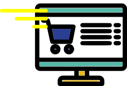 Icona di un monitor con un carrello e linee dinamiche gialle