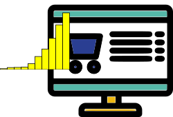 Icona di un monitor con un carrello e un grafico in crescita giallo