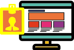 Icona di un monitor con lo schema di un sito e un passi identificativo